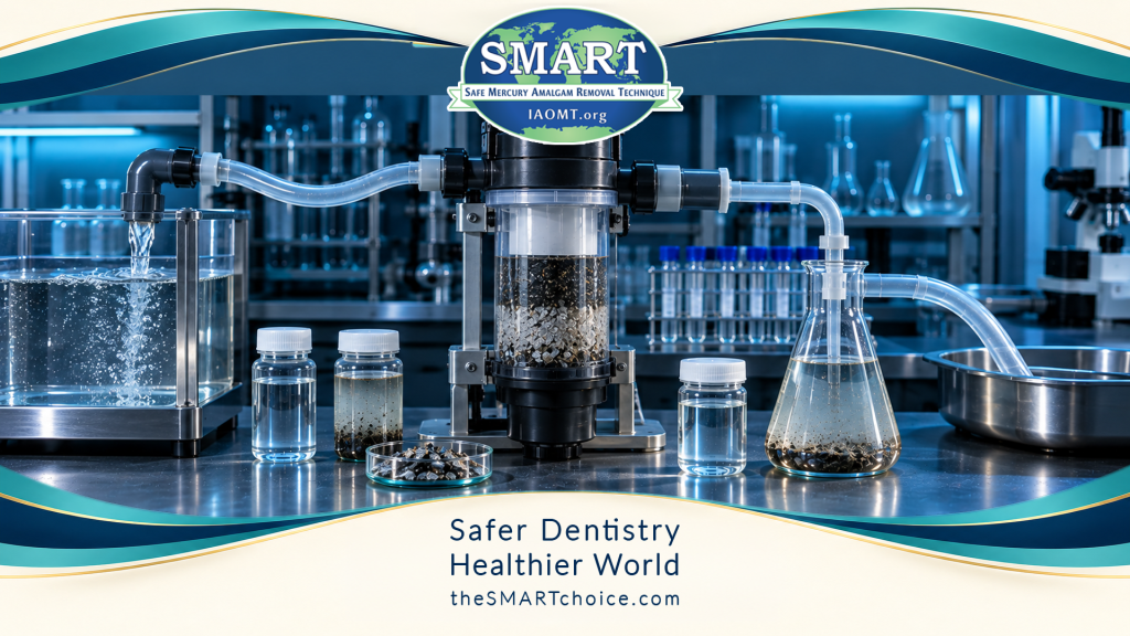 amalgam-separators-featured-16×9 Lab amalgam-separator / wastewater testing still life in the SMART frame — no dentist, no removal scene.