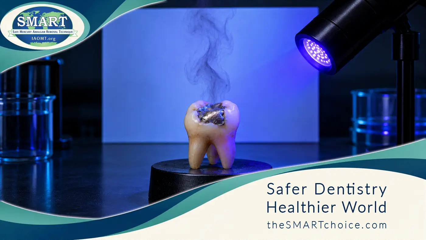 Wide still of the Smoking Teeth UV demo: amalgam tooth, lamp, and visible vapour plume in the SMART frame.