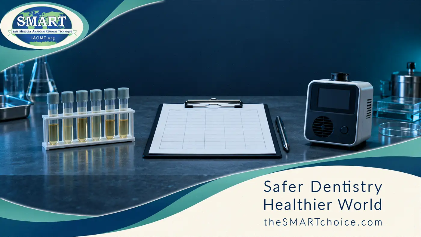 Wide still life of urine, blood, and air-sampling gear used to monitor mercury-vapor exposure, in the SMART frame.