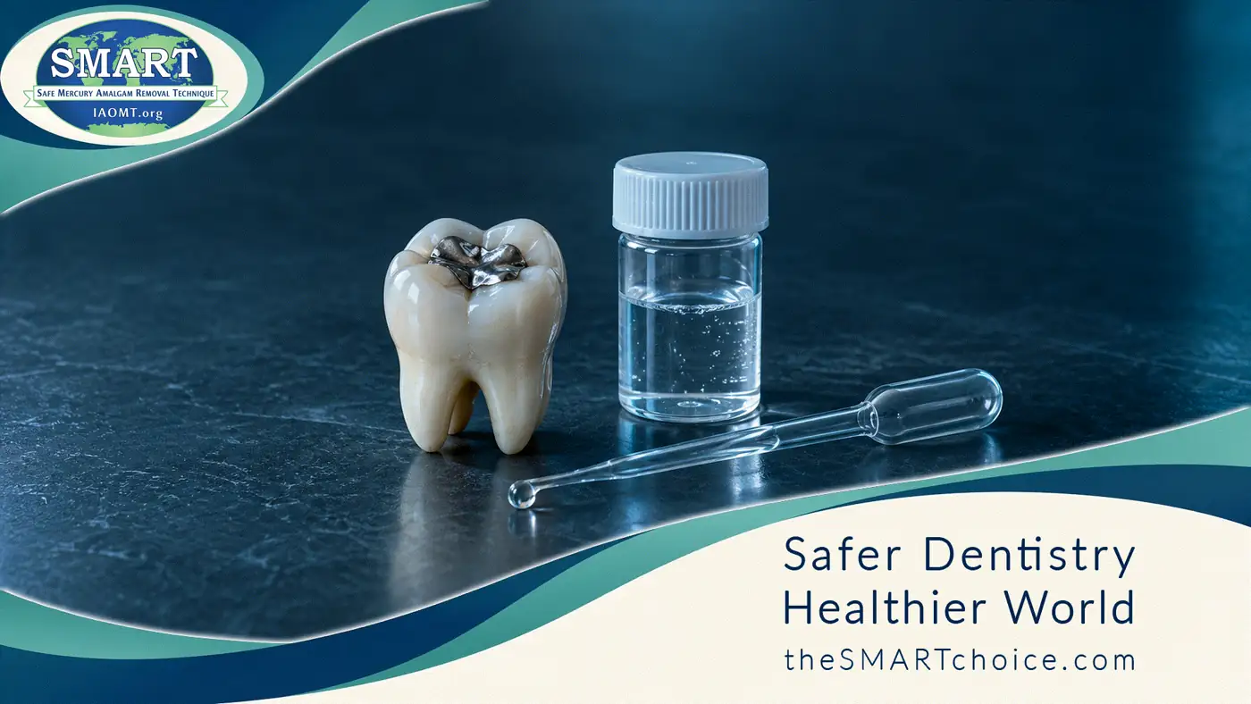 Wide still of a saliva vial and an amalgam tooth model, in the SMART frame.