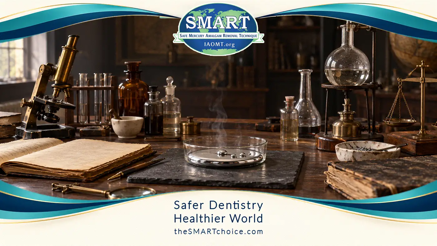 Wide historic-lab still of liquid mercury in a dish, in the SMART frame.